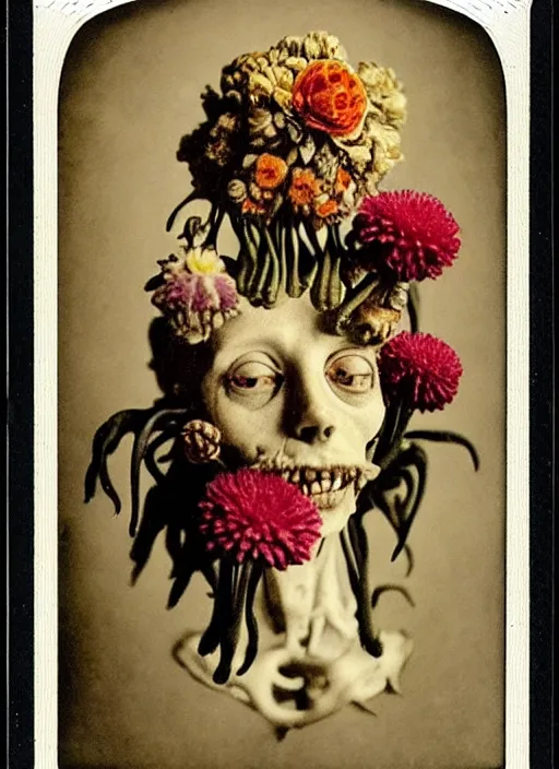 Prompt: beautiful and detailed rotten woman made of plants and many types of stylized flowers like carnation, chrysanthemum and tulips, anatomical, intricate, organs, ornate, surreal, john constable, guy denning, gustave courbet, caravaggio, romero ressendi 1 9 1 0 polaroid photo