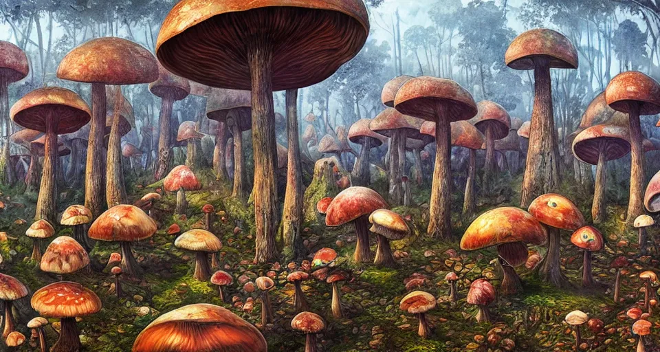 Image similar to A tribal village in a forest of giant mushrooms, by Android jones,