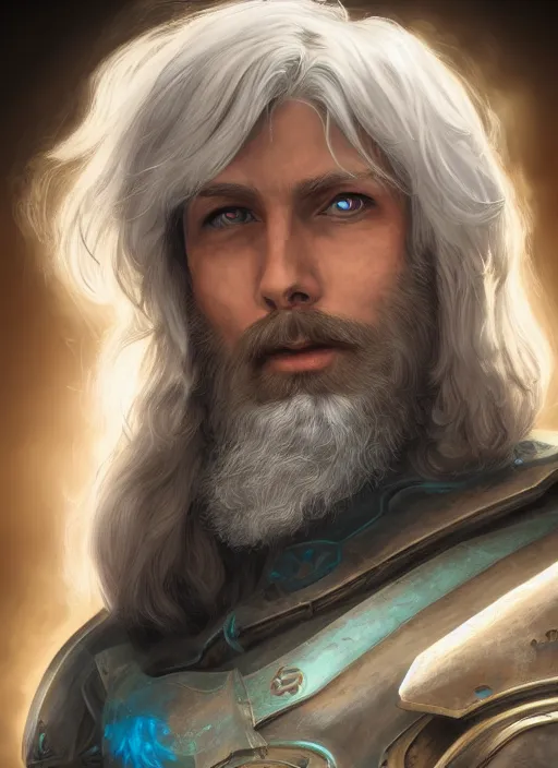 Image similar to an epic fantastic realism comic book style portrait painting of an aasimar paladin, male, shaggy silver hair, short brown beard, d & d concept art, unreal 5, daz, teal aesthetic, octane render, cosplay, rpg portrait, dynamic lighting