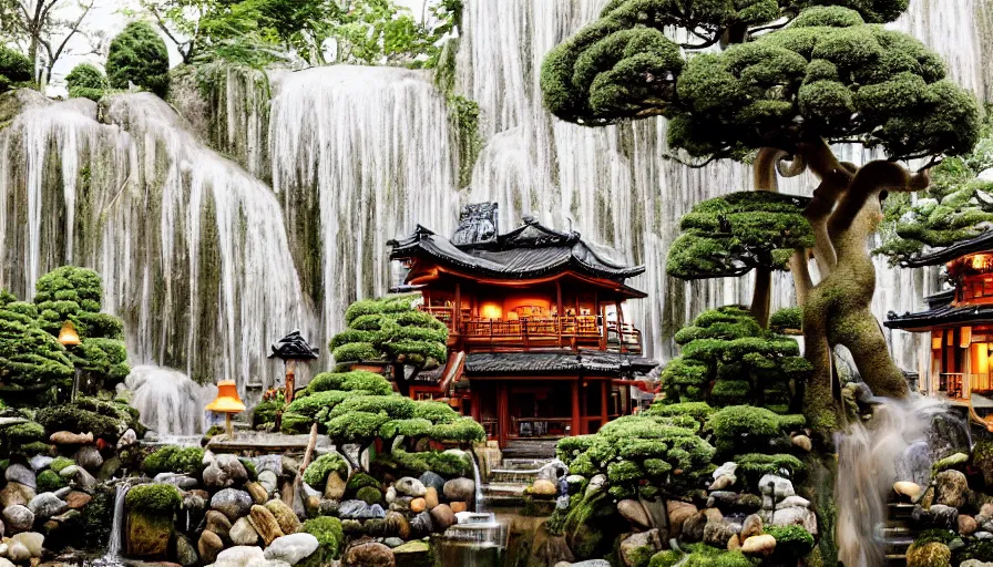 Image similar to A secret dreamy Japanese Victorian style cozy cabin cafe neighborhood city behind a waterfall with many glowing lanterns and ornate creative decorations by Gucci, mushroom kingdom, super mario theme, lush exotic mushroom like plants and bonsai trees, fashionable people walking around, mossy rocks, bookshelves, floating koi fish, magical feeling vibes, hidden tiny houses, style by Wes Anderson and James Jean, trending on artstation