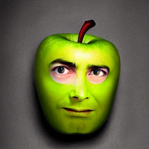 Image similar to a apple with legs with the face of daniel radcliffe, photo art