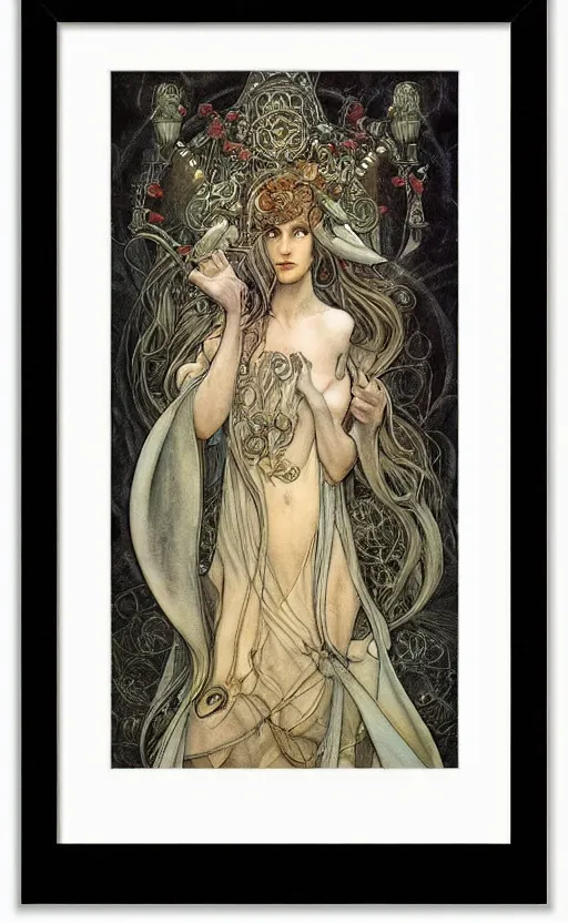 Prompt: art nouveau framed print by brian froud, goddess of winter