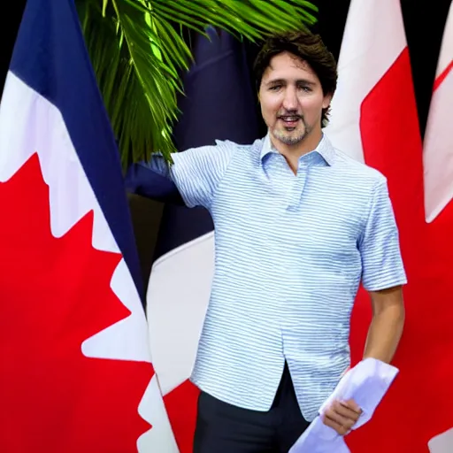 Image similar to justin trudeau. he is wearing a bikini. world leaders meeting,