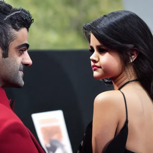 Image similar to Selena Gomez threatens Oscar Isaac at gunpoint