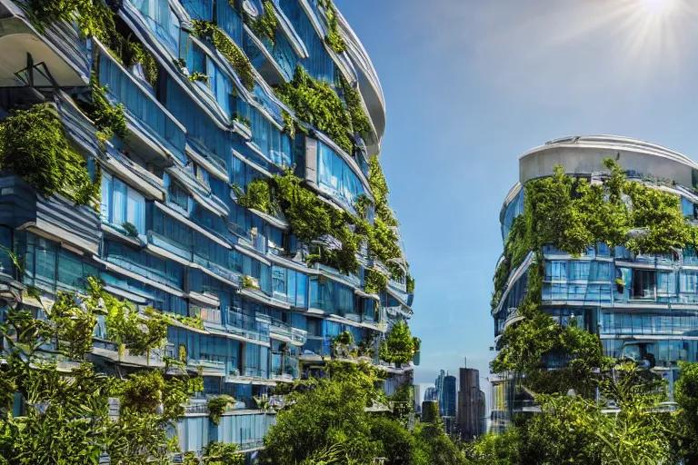 Prompt: a cinematic wideangle photograph of people walking through a utopian city walkway on top of buildings, green plants, blue sky, beautiful lighting, ultra realistic