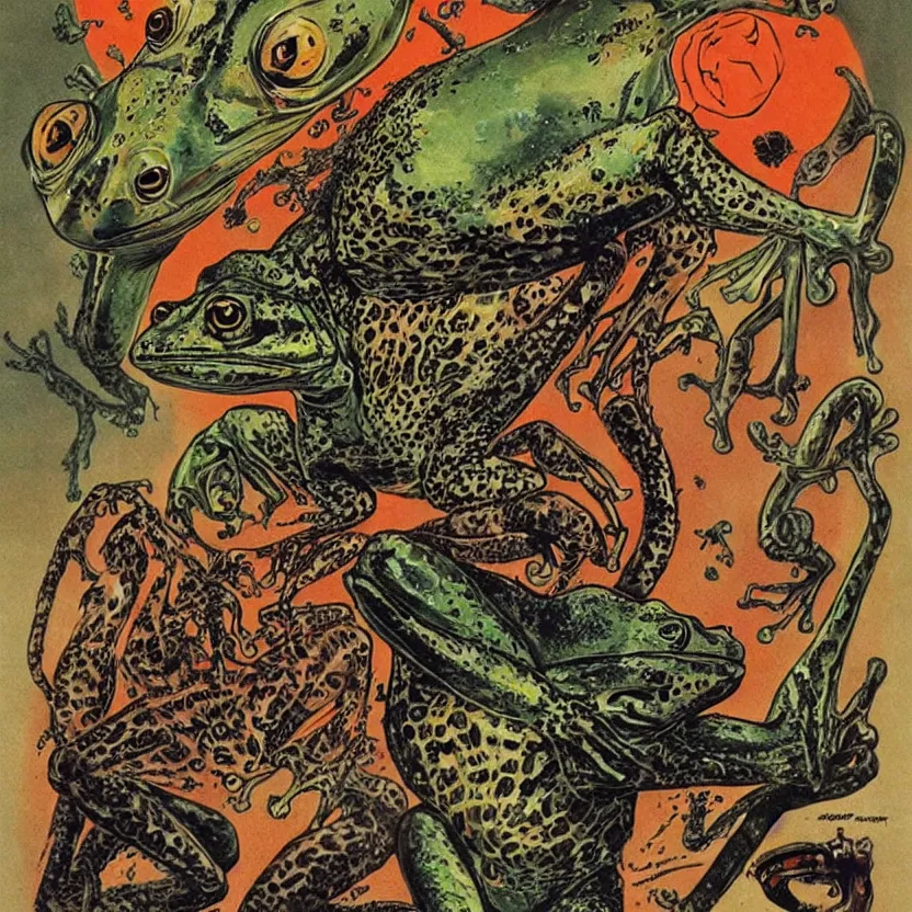 Prompt: alien frog, cheetah, and bird. strange anatomy. pulp sci - fi art.