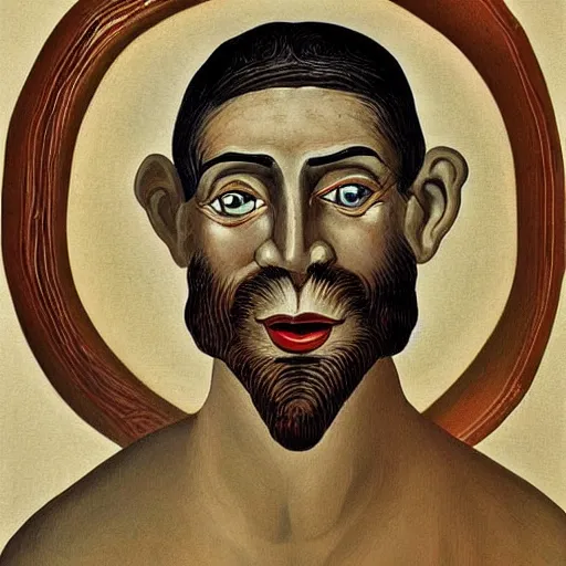 Image similar to portrait of ancient silly greek man with big eyes and sharp nose and open mouth. fine detail. artistic painting by lurid