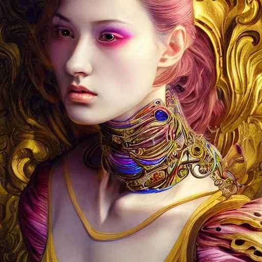 Image similar to a masterpiece hyper detailed portrait of a beautiful evil girl - cyborg baroque renaissance. rainbow color scheme. medium shot, intricate, elegant, highly detailed, by stanley artgerm lau, wlop, rossdraws, james jean, andrei riabovitchev, marc simonetti, background by james jean and gustav klimt, light by julie bell, porcelain skin.