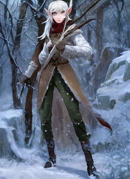 Image similar to a female elven hunter in winter, snowy background, snowy. Holding a hunting knife. Facing the camera, long shot. By Makoto Shinkai, Stanley Artgerm Lau, WLOP, Rossdraws, James Jean, Andrei Riabovitchev, Marc Simonetti, krenz cushart, Sakimichan, trending on ArtStation, digital art.