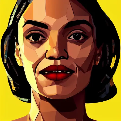 Image similar to smiling, happy, beautiful, intelligent, powerful alexandria ocasio - cortez, loving eyes, fully clothed, wise, beautiful, dramatic lighting, sharp focus, art deco patterns by stanley artgerm, retro futurism, dramatic lighting, trending on artstation, flat colour, geometric curves, gradient filter