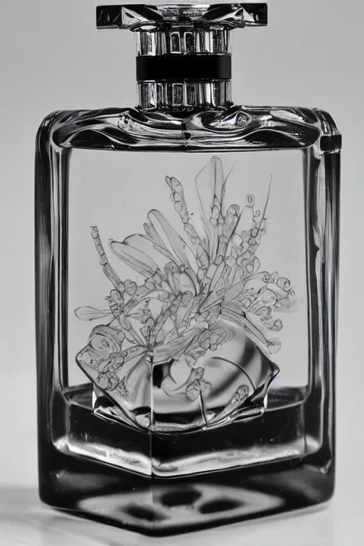 Prompt: realistic detailed ultra hyper glass art deco perfume bottle