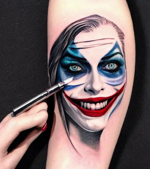 Image similar to tattoo design sketch of beautiful margot robbie wearing joker makeup and holding an ace card, in the style of den yakovlev, realistic face, black and white, realism tattoo, hyper realistic, highly detailed
