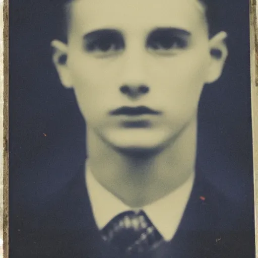 Prompt: A photo of a scottish 20 year old portrait photo infront of leaves filling the screen. Blue jacket wearing man with short hair and short facial hair. Looking directly towards camera this man with a triangular thin shape and thin nose is off center to the left of the frame.