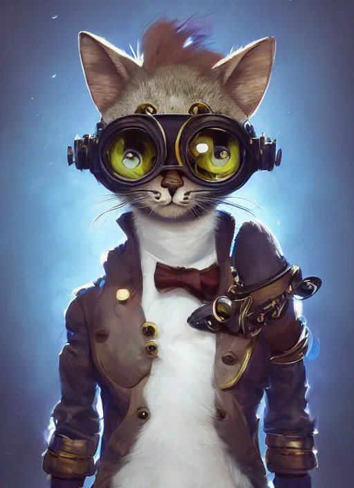 Prompt: a beautiful half body portrait of a cute young anthropomorphic steampunk cat fursona. big eyes. character design by cory loftis, fenghua zhong, ryohei hase, ismail inceoglu and ruan jia. volumetric light, detailed, rendered in octane