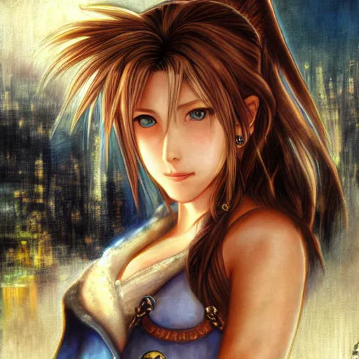 Prompt: a portrait painting of aerith from from final fantasy 7 with the steam punk city midgard as backfrop by master artist yoshitaka amano