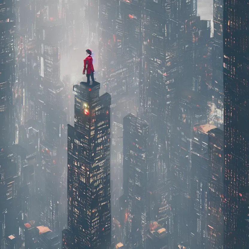 Image similar to a cyber boy ontop of a building, cyberpunk art by Elsa Bleda, by Elsa Bleda unsplash contest winner, aestheticism, dystopian art