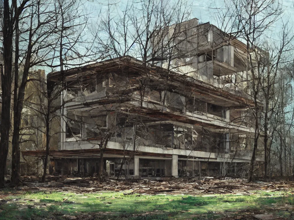 Image similar to A beautiful painting of a dilapidated post-modern building in the wood, by Coby Whitmore, Trending on artstation, very detailed