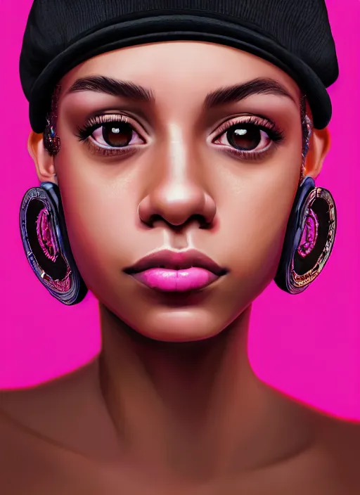 Image similar to portrait of teenage vanessa morgan with bright pink hair, black girl, vanessa morgan, curly pixie cut hair, wearing newsboy cap, newsboy cap, hoop earrings, intricate, elegant, glowing lights, highly detailed, digital painting, artstation, concept art, smooth, sharp focus, illustration, art by wlop, mars ravelo and greg rutkowski