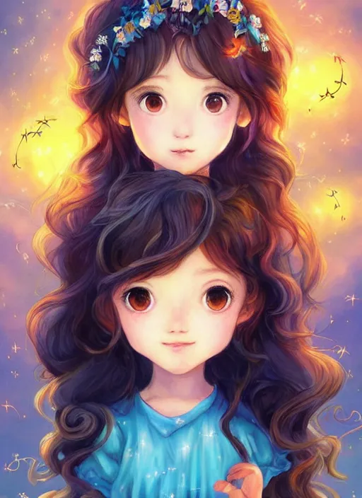 Image similar to A cute little girl with shoulder length curly brown hair with a happy expression wearing a summer dress dancing with fireflies, she is in the distance. beautiful fantasy art by By Artgerm and Hayao Miyazaki, trending on artstation.