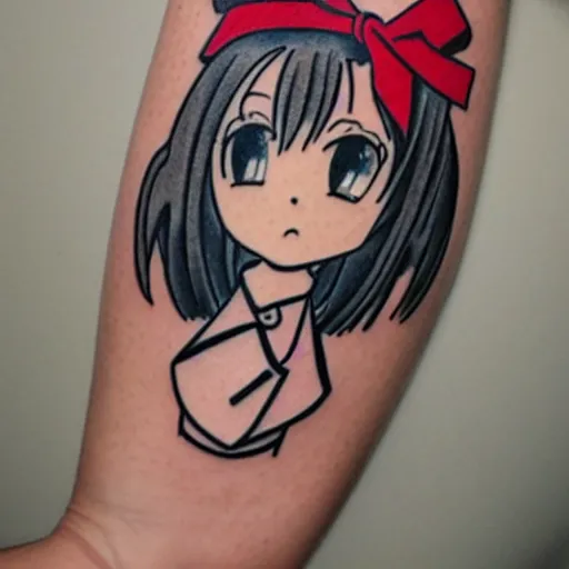 Image similar to a cute manga school girl tattoo by Hayao Miyazaki and Naoko Takeuchi, manga japanese school girl, tattoo on upper arm