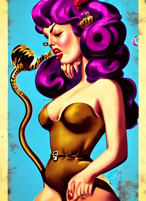 Image similar to Medusa in pin up style and 70ies clothing, trending on artstation