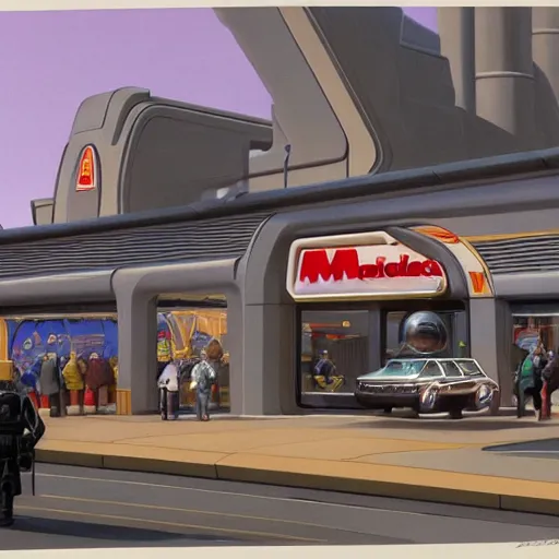 Image similar to intricately detailed ralph mcquarrie concept art of a futuristic mcdonalds with the golden arches displayed. a space station is seen off in the distance with various droids and people walking in the foreground. a trooper is seen holding a brown mcdonalds bag.