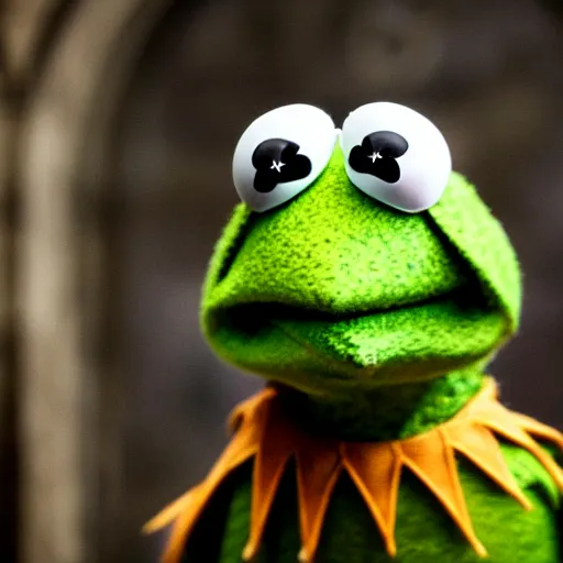 Image similar to first shot of kermit the frog in game of thrones, ( eos 5 ds r, iso 1 0 0, f / 8, 1 / 1 2 5, 8 4 mm, postprocessed, crisp face, facial features )