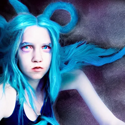 Image similar to portrait of young girl half dragon half human, dragon girl, dragon skin, dragon eyes, dragon crown, blue hair, long hair, highly detailed, cinematic lighting, by David Lynch and Robert Eggers