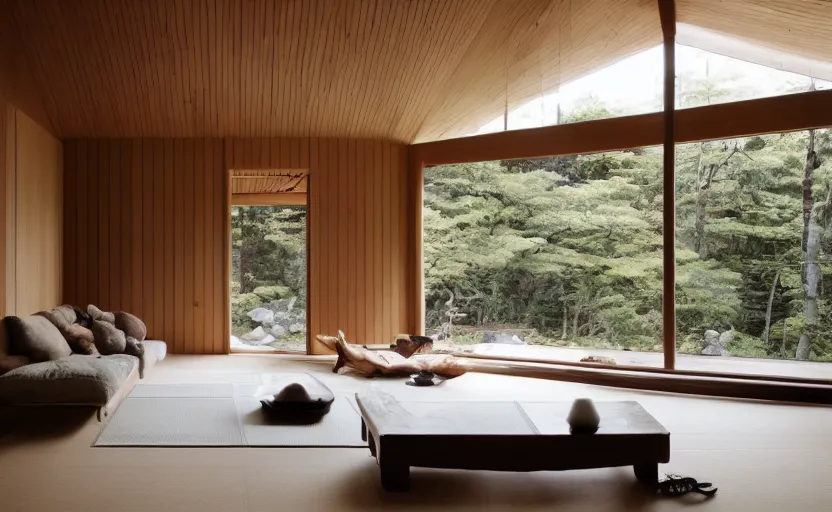 Prompt: luxurious wooden cottage by yabu pushelberg, modern japanese living room, japanese wabi - sabi arrangements, coherent composition, architectural photography