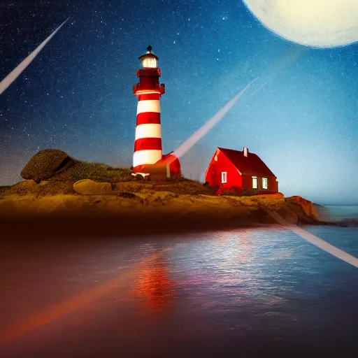 Image similar to Photography, very detailed, hyper-realistic A red and white striped lighthouse shining out onto the sea; a white house with a red roof with the lights on inside; thin dark trees behind; nighttime with stars behind; full moon; 8k