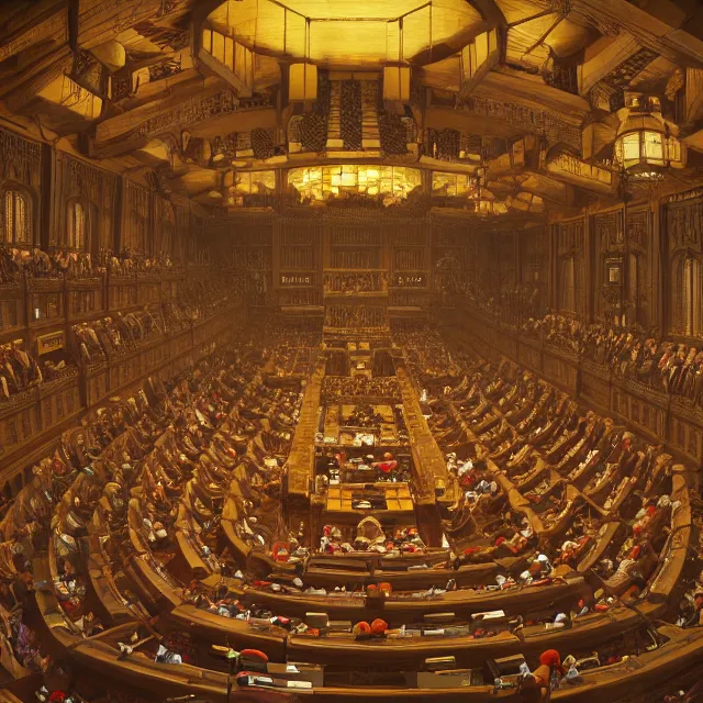 Prompt: an isometric digital painting of the chamber of the house of lords by justin gerard, paul bonner, highly detailed, volumetric lighting, digital art, isometric, artstation hd