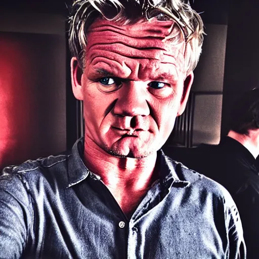 Prompt: gordon ramsey angry, selfie, phone camera, famous chef gordon ramsey, red face, mad, realistic photography