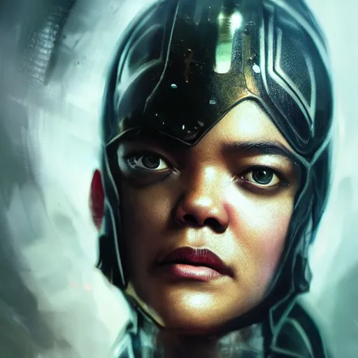 Prompt: tessa thompson portrait, dystopia core, apocalyptic, armor, warrior, dramatic, sharp focus, fiction, neon, fantasy, hyper detailed, digital art, trending in artstation, cinematic lighting, studio quality, smooth render, unreal engine 5 rendered, octane rendered, art style and nixeu and wlop and krenz cushart