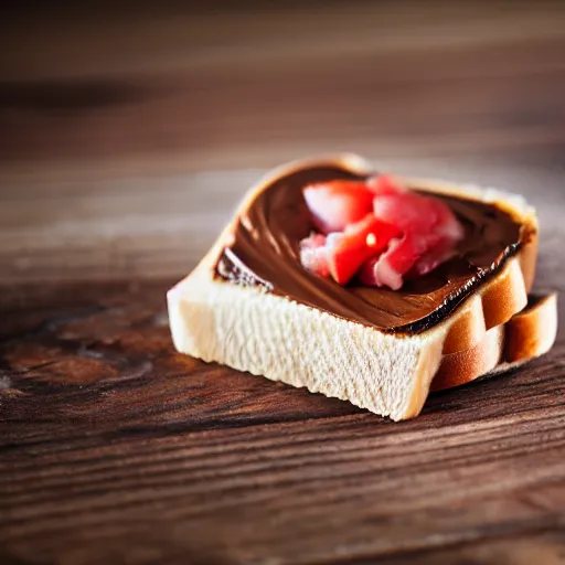 Prompt: toast with nutella and a entire raw fish, food photography, 5 0 mm f / 1. 6, bokeh, sigma lens, elegant