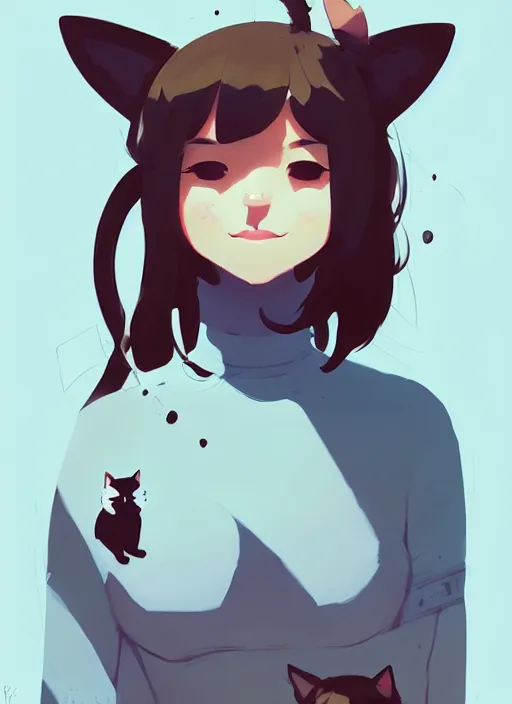 Image similar to portrait of cute catgirl with cat ears, by atey ghailan, by greg rutkowski, by greg tocchini, by james gilleard, by joe gb fenton, by in kaethe butcher, dynamic lighting, gradient light blue, brown, blonde cream and white color in scheme, grunge aesthetic