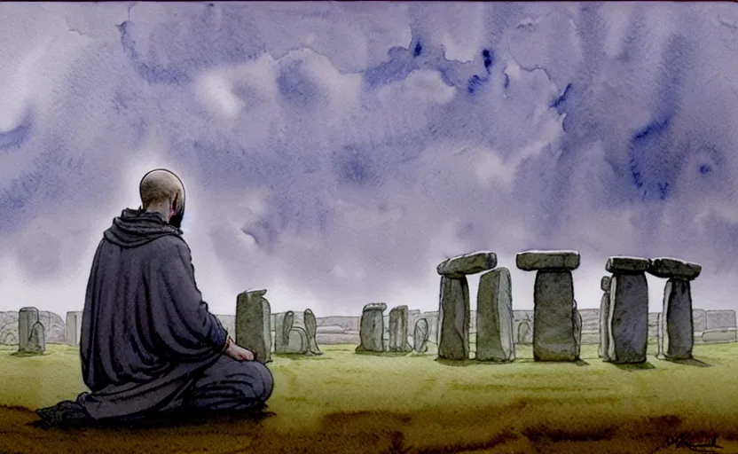 Image similar to a hyperrealist watercolour character concept art portrait of one small grey medieval monk kneeling down in prayer in front of a complete stonehenge monument on a misty night. a huge stone is in the sky. by rebecca guay, michael kaluta, charles vess and jean moebius giraud