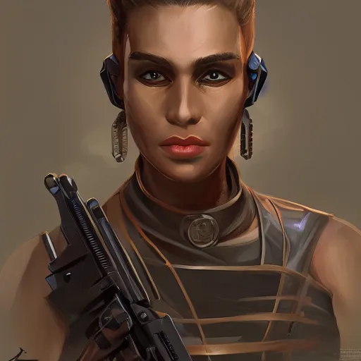 Image similar to portrait of a sleek tan agent armed with a kriss vector, D&D, fantasy, elegant, hopeful, cosmic, muscular, highly detailed, digital painting, artstation, concept art, smooth, sharp focus, illustration