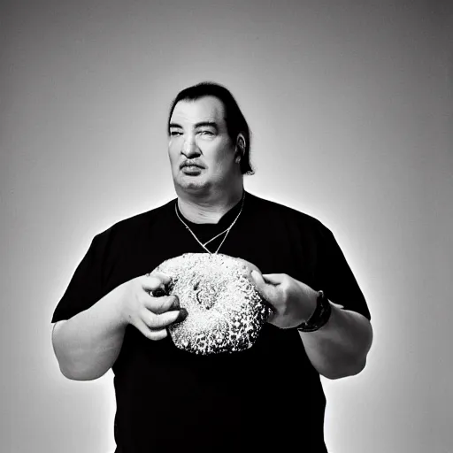 Image similar to rolling stone magazine portrait shot of a fat steven seagal eating a jelly donut, with jelly stains on clothes, 85mm, black and white
