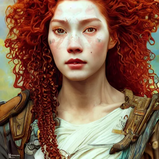 Image similar to Masterpiece head and shoulders Portrait of Aloy from Horizon Zero Dawn with red curly hair drawn by Tom Bagshaw and Donato Giancola, face by Artgerm, overall design by Alphonse Mucha, background by James Jean and Gustav Klimt, light by Julie Bell, 4k, porcelain skin, komorebi, french nouveau, trending on artstation, octane render, hyperrealistic