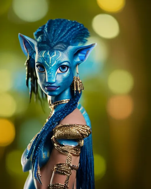 Image similar to A studio photo of Avatar’s Neytiri, bokeh, 90mm, f/1.4