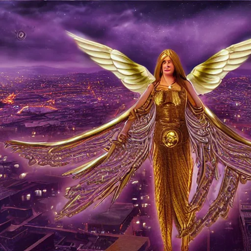 Image similar to a render of a gigantic biblically accurate angel with rings of fire and many eyes over a city, purple, gold, hyper detailed, realistic, photorealistic