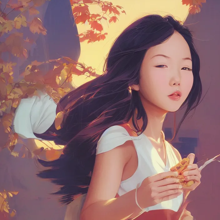 Image similar to asian girl eating a ritz cracker by artgerm, tooth wu, dan mumford, beeple, wlop, rossdraws, james jean, marc simonetti, artstation giuseppe dangelico pino and michael garmash and rob rey and greg manchess and huang guangjian and makoto shinkai