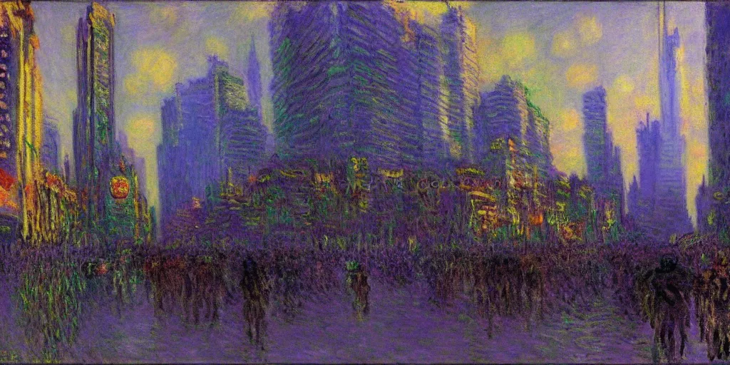 Image similar to unicorn in a futuristic cyberpunk town. By Claude Monet, highly detailed