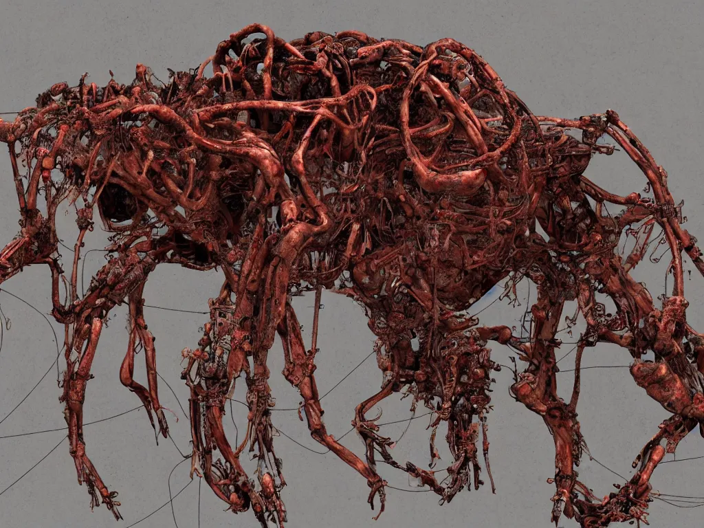 Prompt: Techno-biological rusty panzer consisting of tumors, meat, veins, bones, guts, kidneys, wires. Biopunk, body-horror, high detail, photorealism, full length view, very rust, concept art, 16k