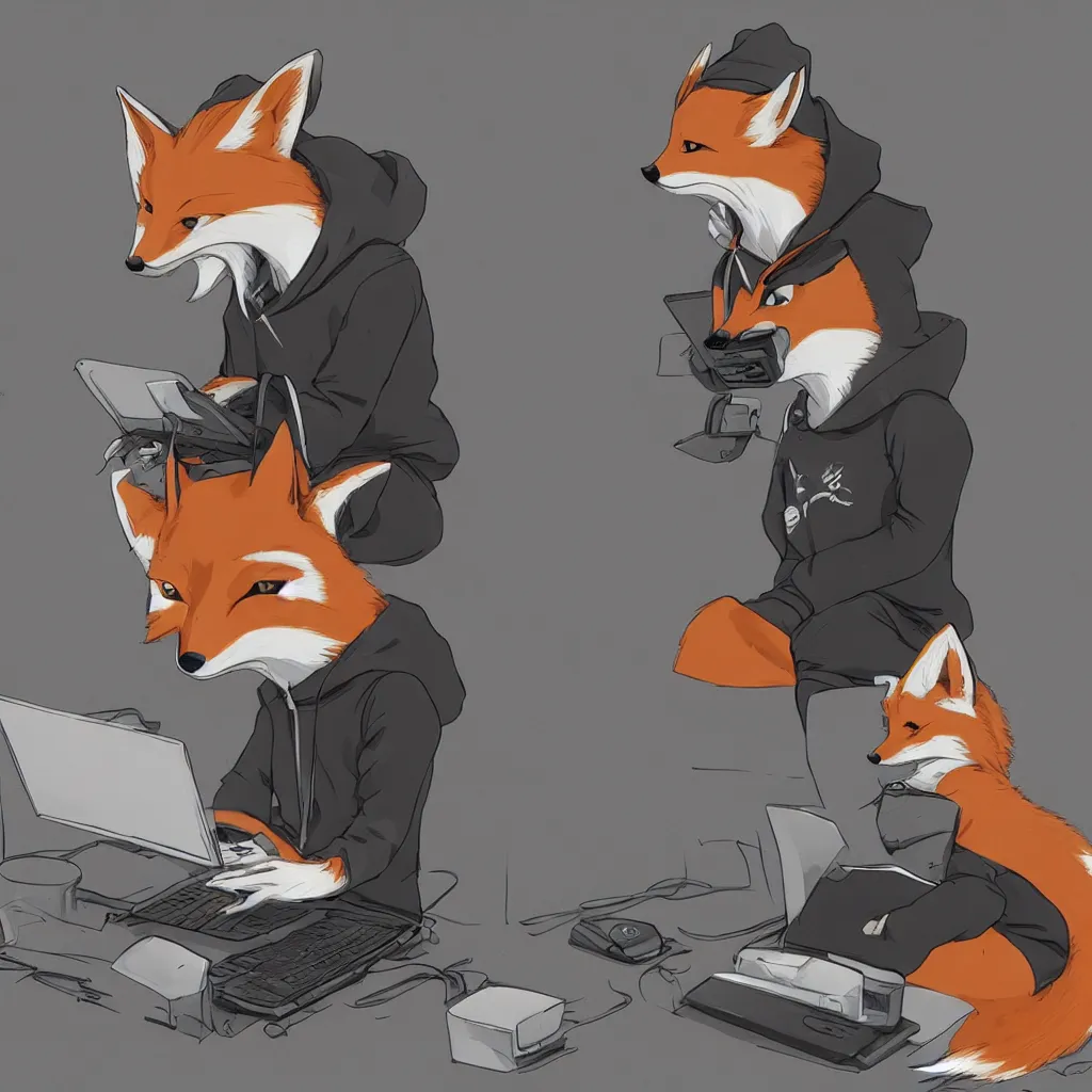 Prompt: an anthropomorphic fox in a hoodie sitting in front of a portable black computer, concept art, digital art, highly detailed, anime, by hayao miyazaki