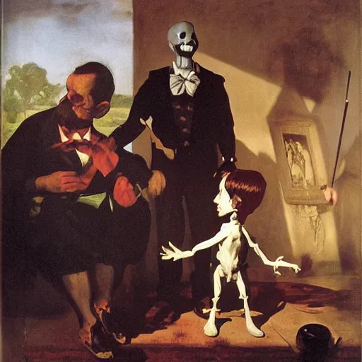 Image similar to a scary ventriloquist dummy by, Eugène Delacroix and Francis Bacon and Micheal Whelan and Michelangelo Merisi da Caravaggio and Franz Xaver Winterhalter