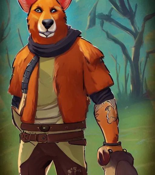 Image similar to stylized three quarters portrait concept art of the burly surly mercenary anthro anthropomorphic dingo dog head animal person fursona wearing clothes adventurer standing in australia outback, hidari, color page, tankoban, 4 k, tone mapping, akihiko yoshida, clean bright happy