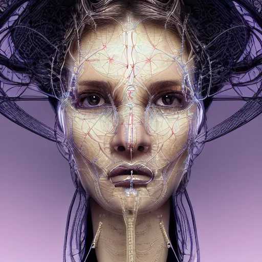 Prompt: very beautiful woman integrating with technology, full face frontal centered, portrait, insipiring, detailed intricate symmetrical ornate neon cables connected to head, very detailed eyes, clear lips, luxurious detailed abundent wiring and implants, porcelain, fractal, renaissance, sci - fi, dramatic lighting, photography, highly detailed, artstation, 8 k, by moebius