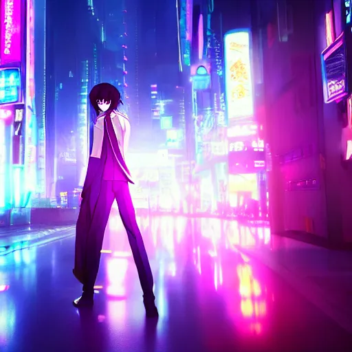 Prompt: Lelouch Lamperouge in a neon cyberpunk city, octane render 8k, atmospheric render, myserious man, professional portrait