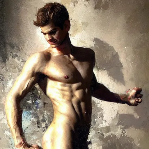 Image similar to Andrew Garfield with a shredded body type, painting by Gaston Bussiere, Craig Mullins